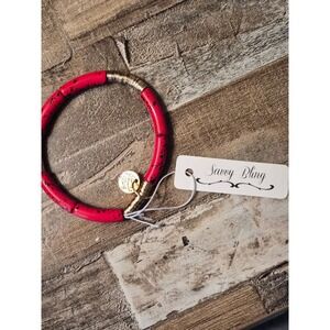 Savvy Bling Red Black Splatter Tube Bead Gold Tone Stretch Bracelet NWT